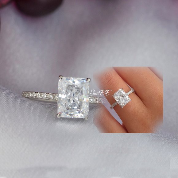 NEW 925 STERLING SILVER RADIANT CUT WEDDING ENGAGEMENT DIAMOND RING - Picture 5 of 6